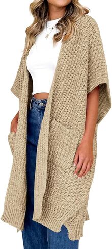 سترة نسائية من Langwyqu بأكمام قصيرة ومفتوحة من الأمام، سترة كيمونو محبوكة خفيفة الوزن كبيرة الحجم مع جيوب in Kuwait