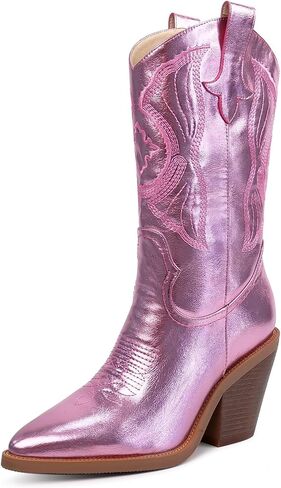 أحذية ISNOM Cowgirl للنساء، أحذية غربية مطرزة بمقدمة مدببة وكعب مكتنز in Kuwait