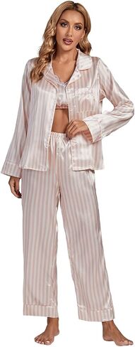 LYANER Women's Striped Satin Silky Pajamas Set Cami Long Sleeve Shirt With Pants 3Pcs Lounge Sleepwear in Saudi Arabia