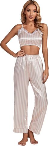 LYANER Women's Striped Satin Silky Pajamas Set Cami Long Sleeve Shirt With Pants 3Pcs Lounge Sleepwear in Saudi Arabia