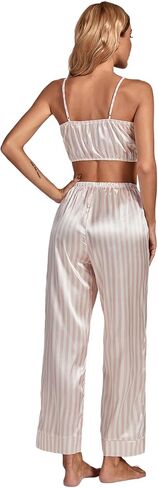 LYANER Women's Striped Satin Silky Pajamas Set Cami Long Sleeve Shirt With Pants 3Pcs Lounge Sleepwear in Saudi Arabia