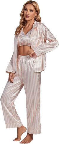 LYANER Women's Striped Satin Silky Pajamas Set Cami Long Sleeve Shirt With Pants 3Pcs Lounge Sleepwear in Saudi Arabia