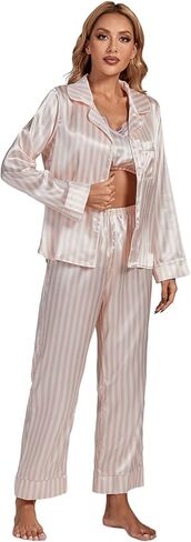 LYANER Women's Striped Satin Silky Pajamas Set Cami Long Sleeve Shirt With Pants 3Pcs Lounge Sleepwear in Saudi Arabia