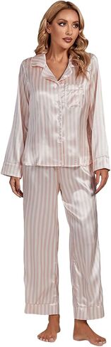 LYANER Women's Striped Satin Silky Pajamas Set Cami Long Sleeve Shirt With Pants 3Pcs Lounge Sleepwear in Saudi Arabia