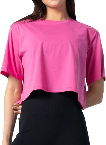 Lulucheri Women's Pima Cotton Workout Crop Tops Short Sleeve Shirts Athletic T-Shirt Cropped Crew Neck Tee in Kuwait