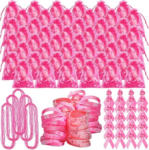 Hillban 100 Pack Breast Cancer Awareness Pink Gifts Bulk, 100 Bracelet Wristbands,100 Necklace,100 Safety Ribbon Pin, 100 Cancer Card, 100 Drawstring Organza Gift Bags for Charity, Awareness Campaigns in Saudi Arabia