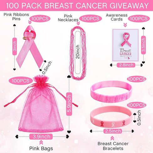 Hillban 100 Pack Breast Cancer Awareness Pink Gifts Bulk, 100 Bracelet Wristbands,100 Necklace,100 Safety Ribbon Pin, 100 Cancer Card, 100 Drawstring Organza Gift Bags for Charity, Awareness Campaigns in Saudi Arabia