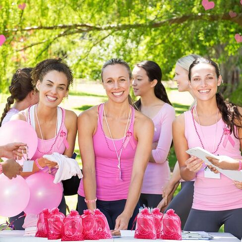 Hillban 100 Pack Breast Cancer Awareness Pink Gifts Bulk, 100 Bracelet Wristbands,100 Necklace,100 Safety Ribbon Pin, 100 Cancer Card, 100 Drawstring Organza Gift Bags for Charity, Awareness Campaigns in Saudi Arabia