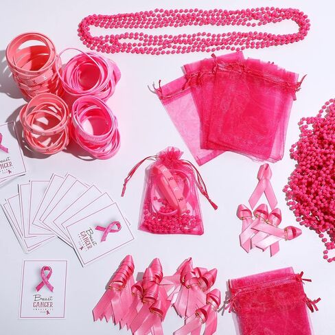 Hillban 100 Pack Breast Cancer Awareness Pink Gifts Bulk, 100 Bracelet Wristbands,100 Necklace,100 Safety Ribbon Pin, 100 Cancer Card, 100 Drawstring Organza Gift Bags for Charity, Awareness Campaigns in Saudi Arabia