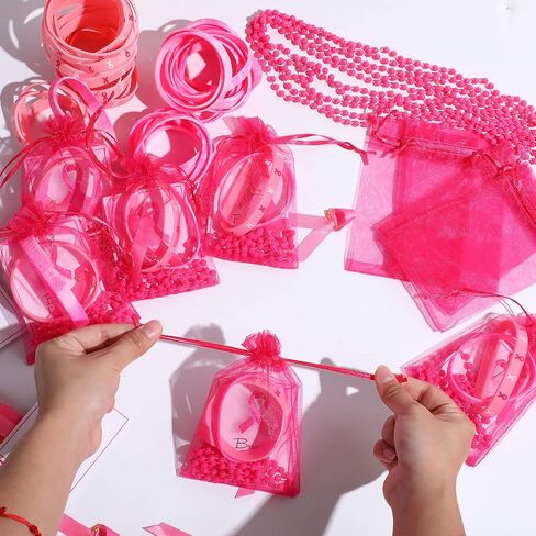 Hillban 100 Pack Breast Cancer Awareness Pink Gifts Bulk, 100 Bracelet Wristbands,100 Necklace,100 Safety Ribbon Pin, 100 Cancer Card, 100 Drawstring Organza Gift Bags for Charity, Awareness Campaigns in Saudi Arabia