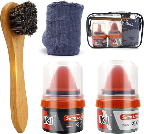 IKI Premium Leather Shoe Polishing Lanolin Set: Black & Colorless Oils, Horsehair Brush、Beech Horsehair Brush, High-Fiber Gray Towel in Kuwait