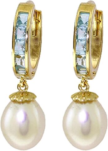 Galaxy Gold GG 14k Yellow Gold Hoop Earrings with Pearl and Aquamarine in Saudi Arabia