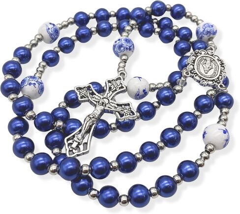 Nazareth Store Flowers Beads Rosary Necklace Crystallized Glass Pearl Beaded Rosary Miraculous Medal and Crucifix (Blue) in Saudi Arabia