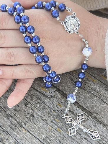 Nazareth Store Flowers Beads Rosary Necklace Crystallized Glass Pearl Beaded Rosary Miraculous Medal and Crucifix (Blue) in Saudi Arabia