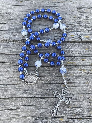 Nazareth Store Flowers Beads Rosary Necklace Crystallized Glass Pearl Beaded Rosary Miraculous Medal and Crucifix (Blue) in Saudi Arabia