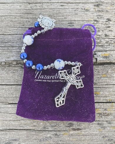 Nazareth Store Flowers Beads Rosary Necklace Crystallized Glass Pearl Beaded Rosary Miraculous Medal and Crucifix (Blue) in Saudi Arabia
