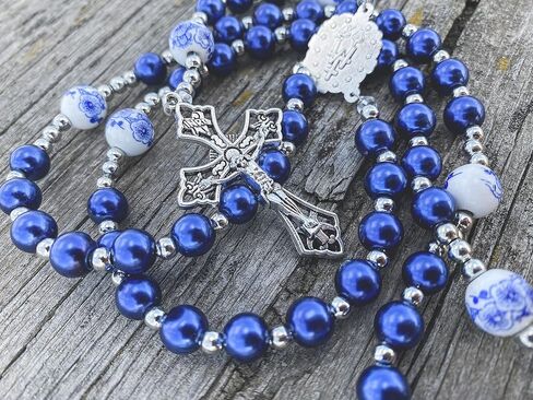 Nazareth Store Flowers Beads Rosary Necklace Crystallized Glass Pearl Beaded Rosary Miraculous Medal and Crucifix (Blue) in Saudi Arabia