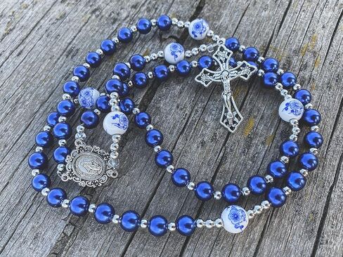 Nazareth Store Flowers Beads Rosary Necklace Crystallized Glass Pearl Beaded Rosary Miraculous Medal and Crucifix (Blue) in Saudi Arabia