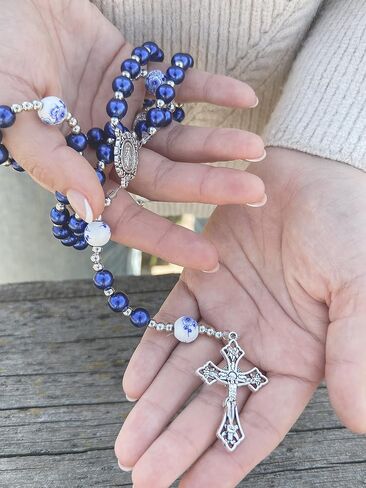 Nazareth Store Flowers Beads Rosary Necklace Crystallized Glass Pearl Beaded Rosary Miraculous Medal and Crucifix (Blue) in Saudi Arabia
