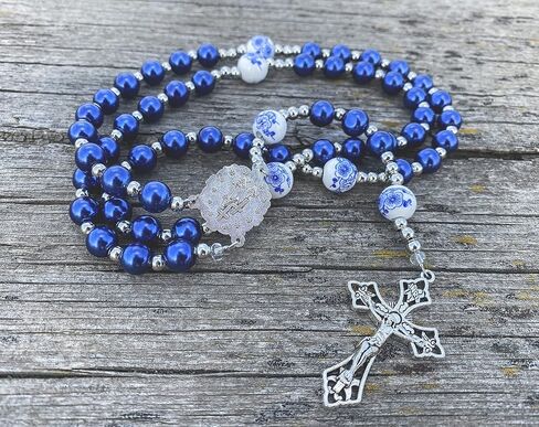 Nazareth Store Flowers Beads Rosary Necklace Crystallized Glass Pearl Beaded Rosary Miraculous Medal and Crucifix (Blue) in Saudi Arabia