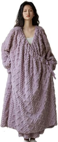 رداء Ailizeye السميك الفاخر للسيدات من القطيفة الناعم المنفوش والدافئ والصوف الشيربا الأشعث والصوف الشيربا رداء حمام بيجامة in Kuwait