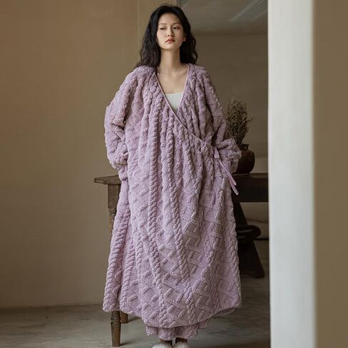 رداء Ailizeye السميك الفاخر للسيدات من القطيفة الناعم المنفوش والدافئ والصوف الشيربا الأشعث والصوف الشيربا رداء حمام بيجامة in Kuwait
