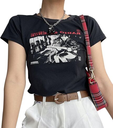 تي شيرت نسائي لطيف مطبوع عليه حروف من Meladyan بأكمام قصيرة تي شيرت قصير بياقة دائرية تي شيرت ضيق مناسب 90s Egirls ملابس الشارع in Kuwait