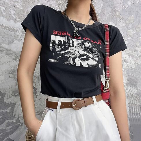 تي شيرت نسائي لطيف مطبوع عليه حروف من Meladyan بأكمام قصيرة تي شيرت قصير بياقة دائرية تي شيرت ضيق مناسب 90s Egirls ملابس الشارع in Kuwait