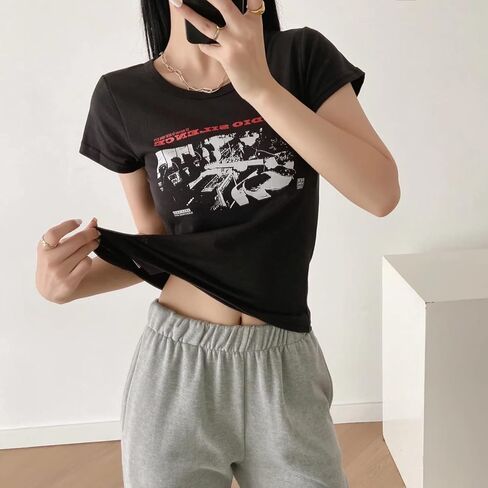 تي شيرت نسائي لطيف مطبوع عليه حروف من Meladyan بأكمام قصيرة تي شيرت قصير بياقة دائرية تي شيرت ضيق مناسب 90s Egirls ملابس الشارع in Kuwait