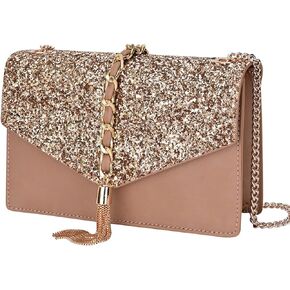 GM LIKKIE Crossbody Clutch Purse for Women, Glitter Evening Bag, Sequin Tassel Wedding Handbag for Party (Khaki) in Kuwait