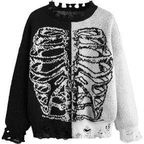 WDIRARA Women's Skeleton Patterned Distressed Long Sleeve Round Neck Pullover Sweaters