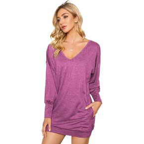 ZANZEA Women's V Neck Long Sleeve Casual Oversized Baggy Tops Loose Blouses Pullover Tunic Sweater Sweartshirt Dress
