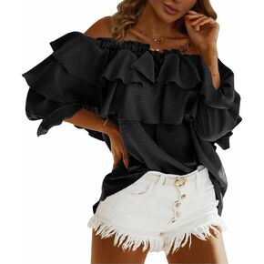 Byinns Women's Off Shoulder Ruffle Long Sleeve Blouses Casual Layered Tops