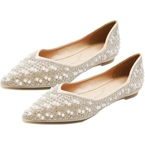 Women's Rhinestone Flats Fashion Pointed Toe Pearl Diamond Low Heel Dress Wedding Flats Work Business Casual Flats Shoes in Kuwait