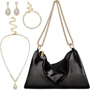 Clysee 4 Pcs Satin Purse Jewelry Sets Woman Evening Handbag Wedding Shoulder Bag Purse for Prom Formal Cocktail Wedding Bride