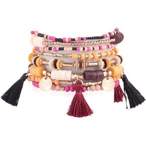RIAH FASHION Multi Layer Versatile Statement Bracelets - Stackable Beaded Strand Stretch Bangles Sparkly Crystal, Wood Bead, Tassel Charm Pendant