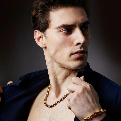 Stunning Men's 18K Gold Plated Link Chain Necklace with Solid Heavy Wheat Tungsten Carbide Base (22 Inches Long) Comes with Gift Box - Perfect Jewelry Gift in Kuwait