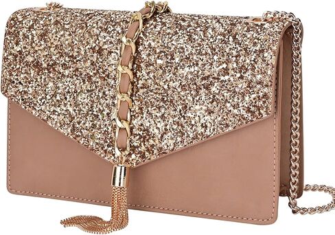 GM LIKKIE Crossbody Clutch Purse for Women, Glitter Evening Bag, Sequin Tassel Wedding Handbag for Party (Khaki) in Kuwait