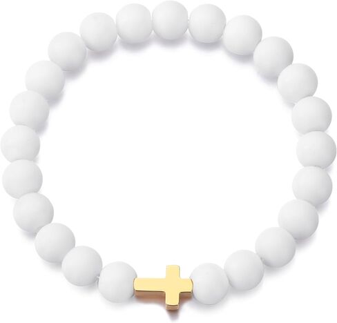 MOO&LEE Beaded Cross Bracelet for Men 8mm White and Black Bead Gold Cross Bracelets Unisex in Saudi Arabia