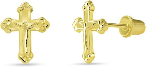 14k Yellow Gold Christian Cross Jesus Crucifix Stud Earrings with Screw Back in Saudi Arabia