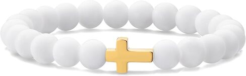 MOO&LEE Beaded Cross Bracelet for Men 8mm White and Black Bead Gold Cross Bracelets Unisex in Saudi Arabia