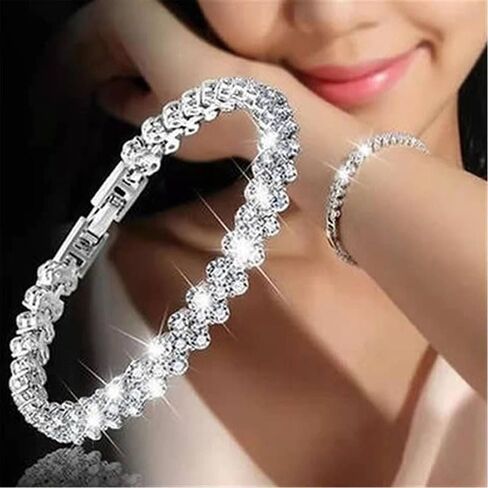 Metmejiao Rhinestone Stretch Bracelet Silver Fashion Roman Style Woman Crystal Zircon Bracelets Cubic Zirconia Classic Tennis Bracelet Gifts in Saudi Arabia