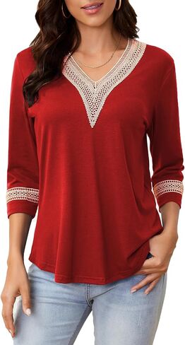 3/4 Sleeve Shirts for Women Casual Guipure Lace V Neck Blouse Color Block Dressy T Shirt Tops in Saudi Arabia