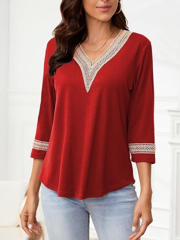 3/4 Sleeve Shirts for Women Casual Guipure Lace V Neck Blouse Color Block Dressy T Shirt Tops in Saudi Arabia