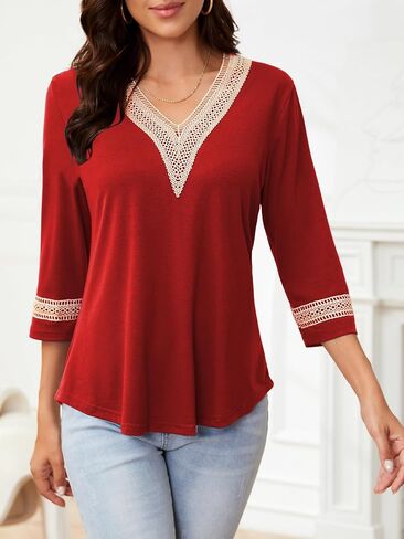 3/4 Sleeve Shirts for Women Casual Guipure Lace V Neck Blouse Color Block Dressy T Shirt Tops in Saudi Arabia
