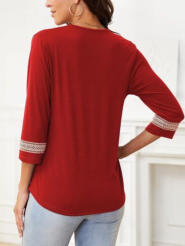 3/4 Sleeve Shirts for Women Casual Guipure Lace V Neck Blouse Color Block Dressy T Shirt Tops in Saudi Arabia