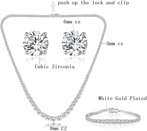 Gemsme 18K White Gold Plated Graduated Round Cubic Zirconia Tennis Necklace/Bracelet/Earrings Sets Pack of 3 in Kuwait