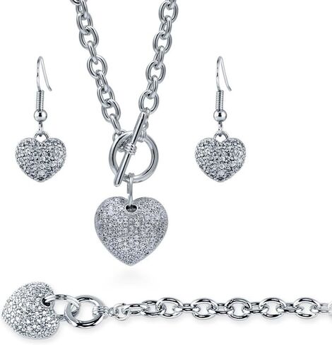 BERRICLE Heart Cubic Zirconia CZ Fashion Necklace Earrings and Bracelet Set for Women, Silver-Tone in Saudi Arabia