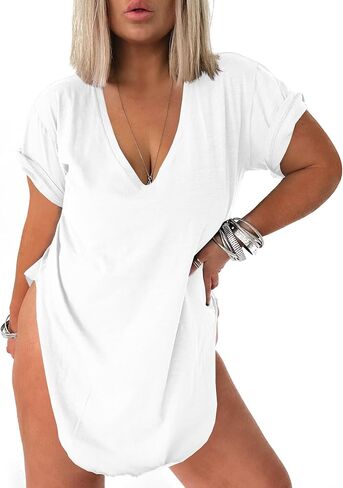 Tankaneo Womens Deep V Neck Short Sleeve T Shirts Side Slit Oversized Summer Loose Tunic Top in Saudi Arabia