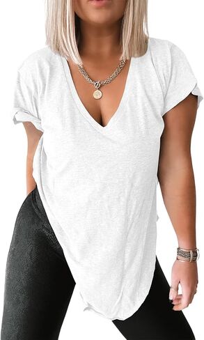 Tankaneo Womens Deep V Neck Short Sleeve T Shirts Side Slit Oversized Summer Loose Tunic Top in Saudi Arabia